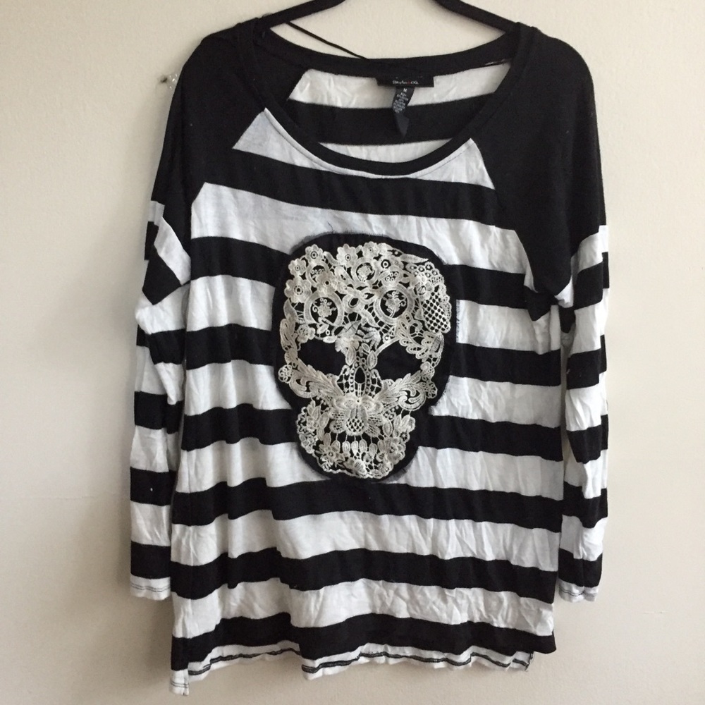 Lace Sugar Skull Stripped Long Sleeve Shirt